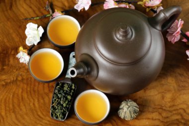 çay seti (çaydanlık, bardak ve farklı yeşil çay)