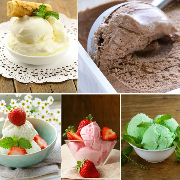 Collage surtido helado (vainilla, fresa, menta, chocolate ) — Foto de Stock