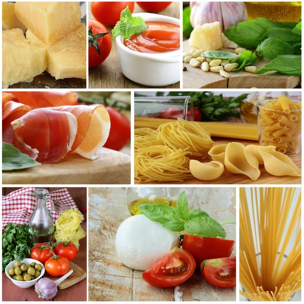 Collage of traditional Italian food ingredients (Parmesan cheese, mozzarella, pasta, prosciutto, basil and tomato sauce) — Stock Photo, Image