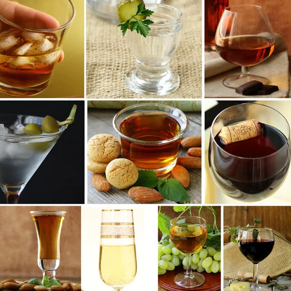 Collage menu different types of alcohol (wine, martini, whiskey, vodka, amaretto, brandy) — Stock Photo, Image