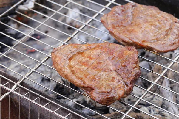 Cooking on the barbecue grill  beefsteak and skewers — Stock Photo, Image