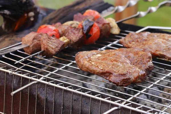 Cooking on the barbecue grill  beefsteak and skewers — Stock Photo, Image