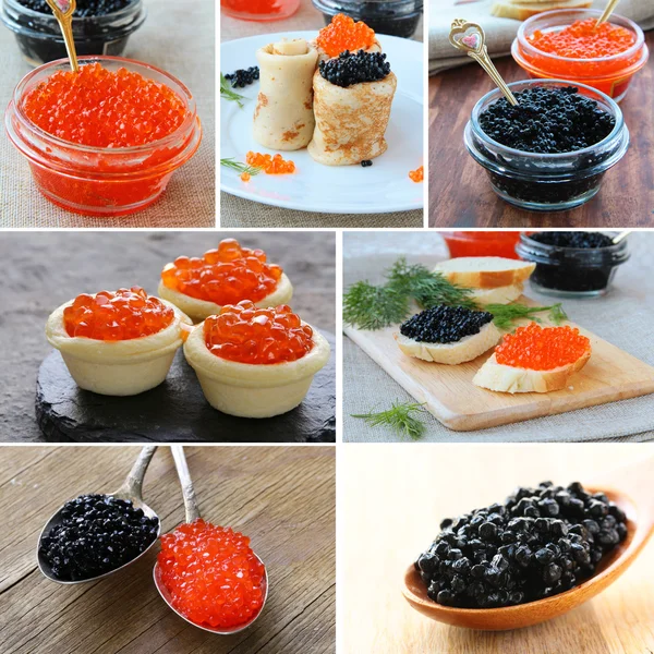 Collage of natural red and black caviar (with pancakes and canapes) — Stock Photo, Image