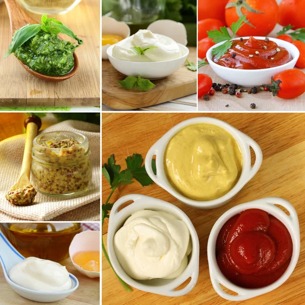 Collage verschiedener Saucen (Senf, Ketchup, Mayonnaise, Pesto)) — Stockfoto