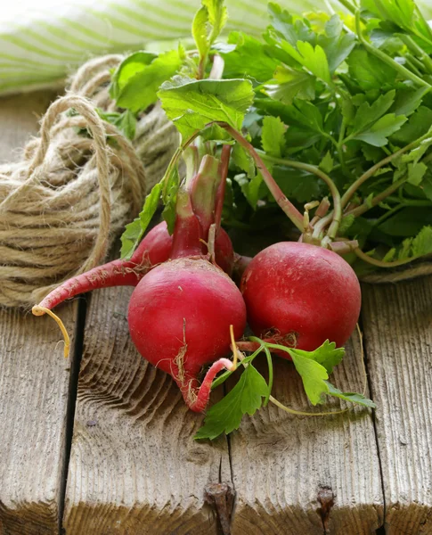 Organic ripe bunch of radishes on a wooden table — Stock Photo, Image