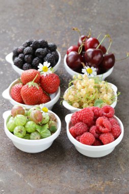 çeşitli yaz meyveleri (ahududu, çilek, kiraz, kuş üzümü, bektaşi)