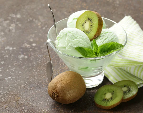 Fruit creamy ice cream with green kiwi and mint — Stock Photo, Image