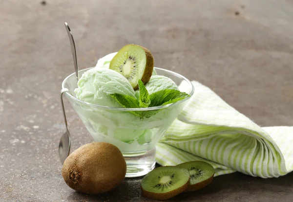 Fruit creamy ice cream with green kiwi and mint — Stock Photo, Image