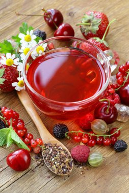 Berry çay taze kuş üzümü, ahududu ve çilek ile
