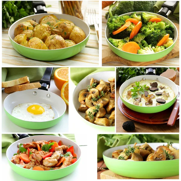 Koláž různých jídel, smažené na pánvi (sázená vejce, houby, brambory, zelenina, fajitas) — Stock fotografie