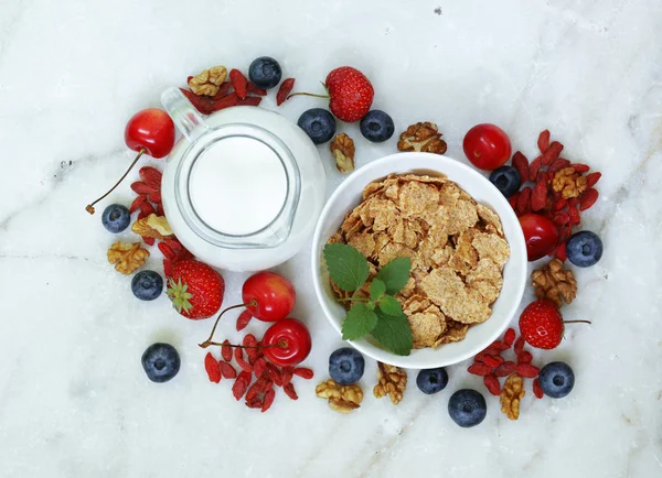 Malzemeler için sağlıklı gıda kahvaltı - müsli, taze ve kuru meyveler, fındık, goji meyveleri kümesi — Stok fotoğraf