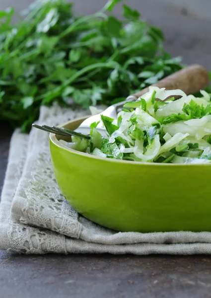 Fresh green salad with cabbage (coleslaw), cucumber and parsley - healthy food — Stock Photo, Image