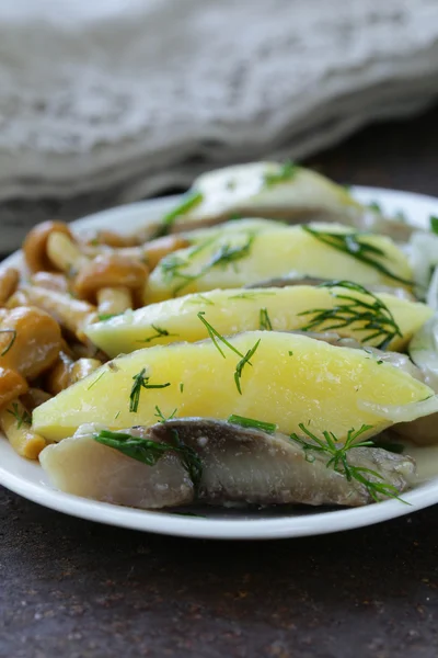 Aperitivo de arenque, batatas fervidas, cogumelos conservados em escabeche e cebolas — Fotografia de Stock