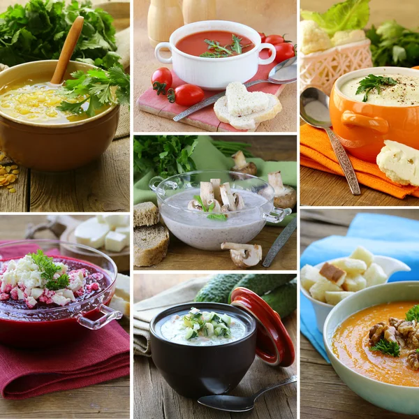 Collage menu different soups (mushroom, lentil, tomato, beetroot, pumpkin) — Stock Photo, Image