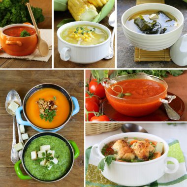kolaj menü farklı çorbalar (domates, kabak, miso, ıspanak)