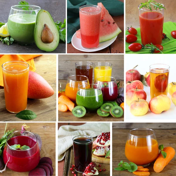 Collage assorted fresh juices from fruits and vegetables — Stock Photo, Image