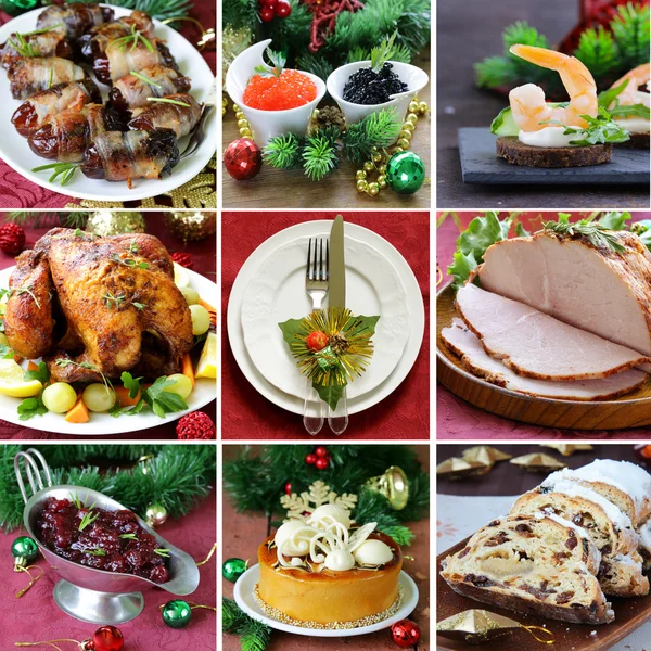拼贴 (土耳其、 开胃菜、 小红莓酱汁、 蛋糕和高压锅的节日圣诞节菜单) — 图库照片