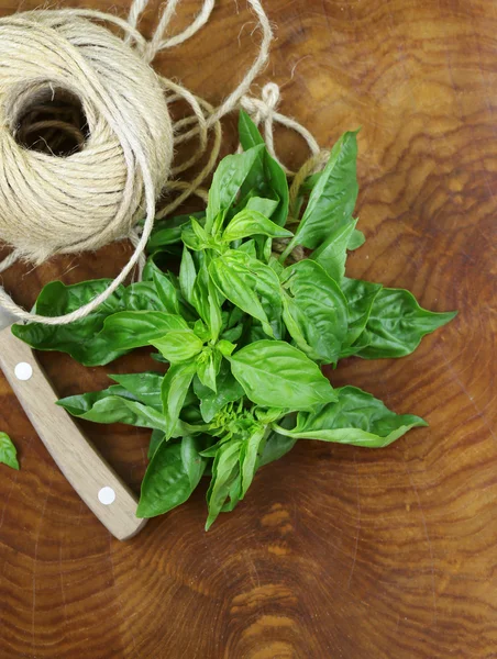 Manjericão verde fresco orgânico em uma mesa de madeira — Fotografia de Stock