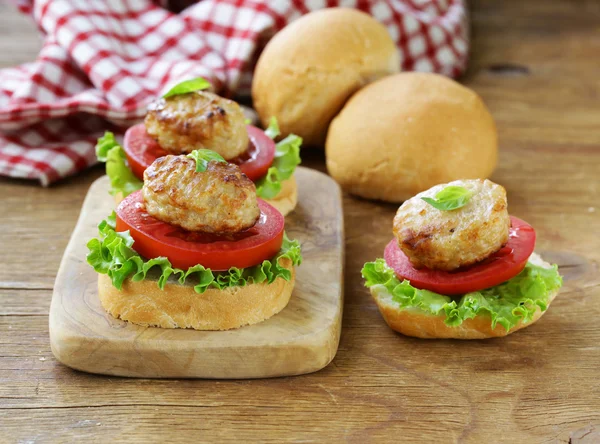 Aperitivo mini hamburguesas con tomates, lechuga y bolas de carne — Foto de Stock