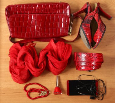 Kadın aksesuarlar kırmızı çanta, Ayakkabı, kemer ve eşarp