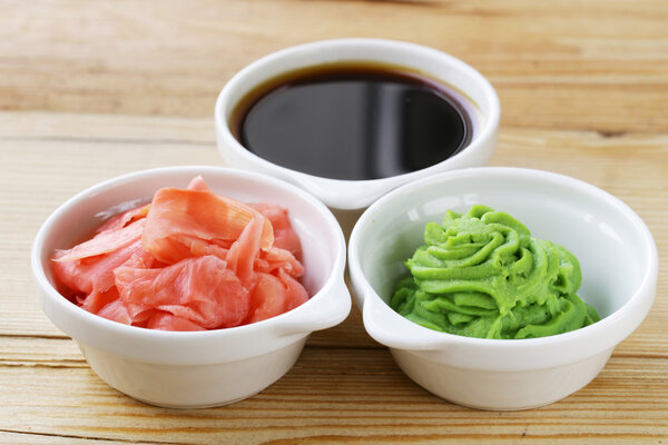 Japanese wasabi sauce, soy sauce and pickled ginger