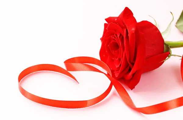 Fiore di rosa rosso con un nastro nella forma di cuore — Foto Stock