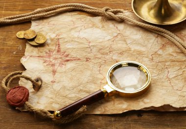 Vintage map and accessories for the treasure hunt and travel clipart