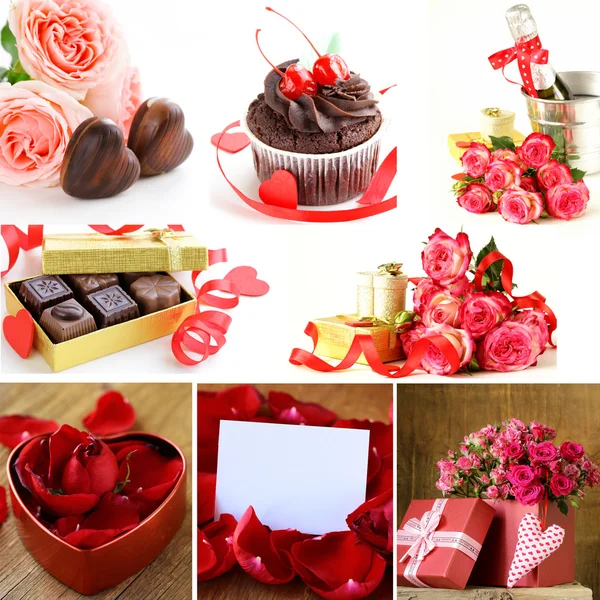 Collage para el día de San Valentín - flores, corazones, regalos —  Fotos de Stock