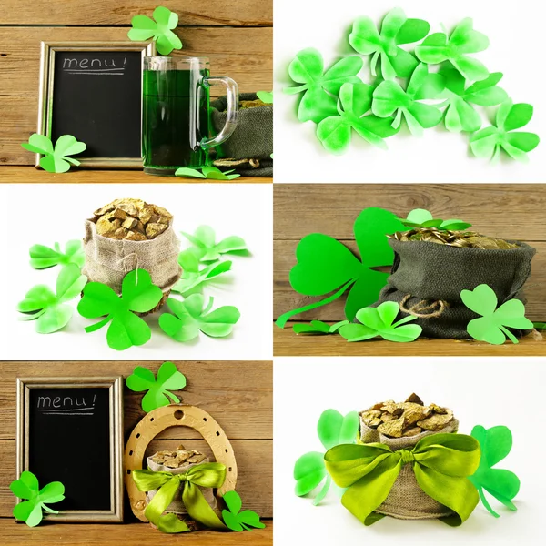 Collage símbolo del Día de San Patricio - hojas de trébol verde y una bolsa de oro —  Fotos de Stock