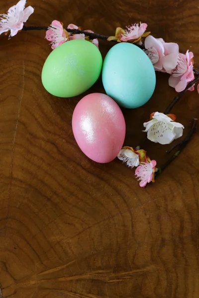 Símbolo de Pascua coloridos huevos pintados sobre un fondo de madera — Foto de Stock