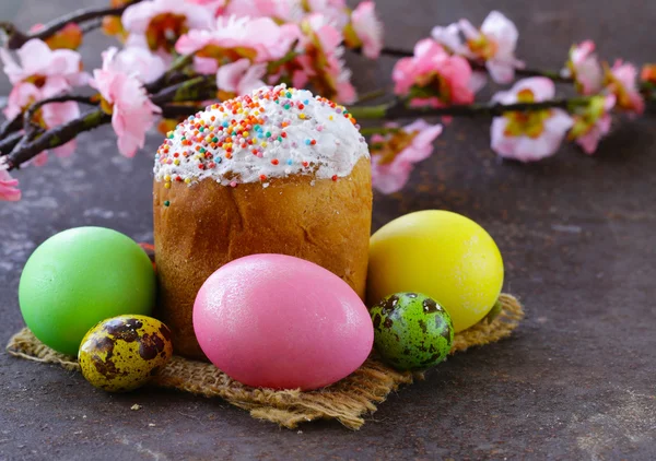 Easter symbol painted colorful  eggs and panettone — Stock Photo, Image