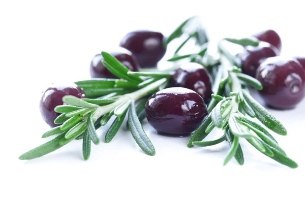 Natuurlijke zwarte (rood) olijven met takjes verse rozemarijn — Stockfoto