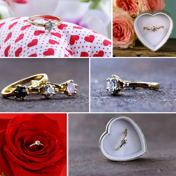 Koláž zlatý prsten s diamantem v různých variantách — Stock fotografie
