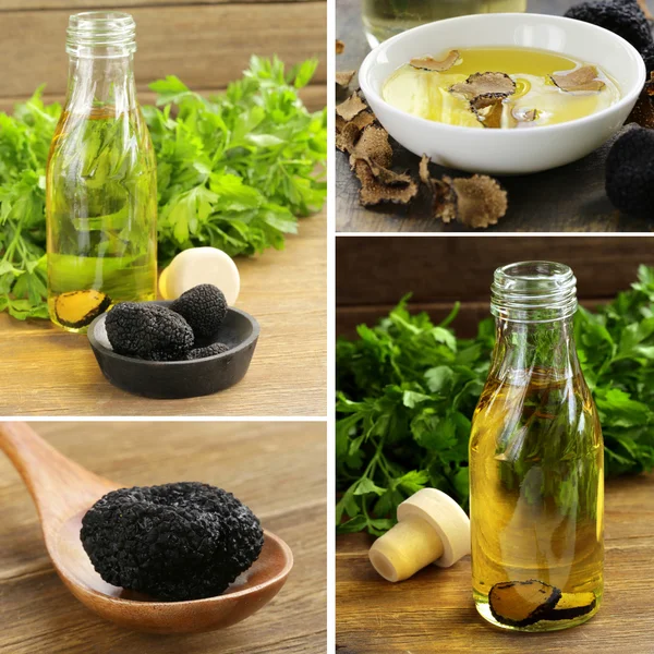 Collage mushroom black truffle and flavored olive oil — Stock Photo, Image