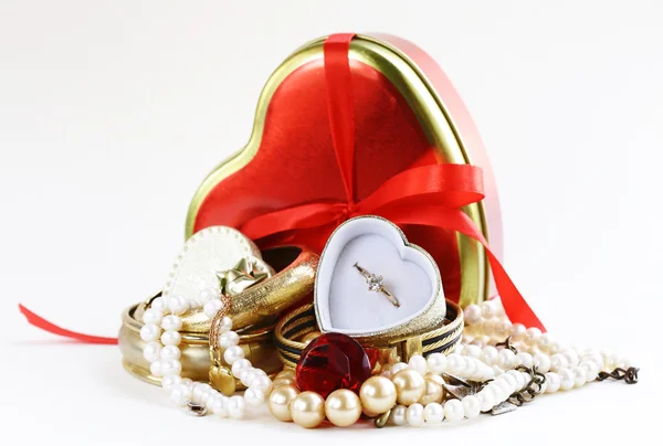 Jewels and pearls for gift with boxes heart — Stock Photo, Image