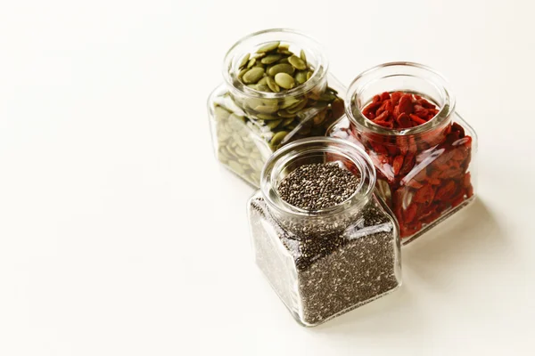 Super food - goji berries, chia seeds and pumpkin seeds — Stock Photo, Image