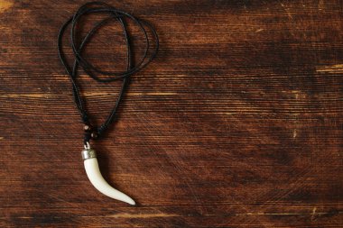 Erkek kolye kolye ahşap arka plan üzerinde beyaz bir dişi