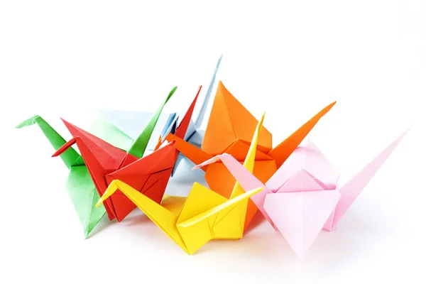 Colorful paper origami birds on a white background — Stock Photo, Image