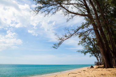 Mavi gökyüzü, dalga ve kumsal arka planının güzelliği.
