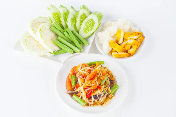 Som Tam con arroz pegajoso y pollo a la plancha (estilo tailandés) — Foto de Stock