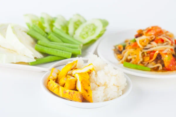 Κολλώδες ρύζι και ψητό κοτόπουλο (ταϊλανδέζικο φαγητό) — Φωτογραφία Αρχείου