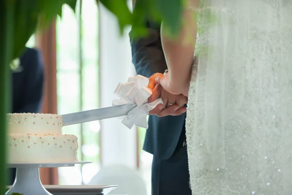 Una sposa e uno sposo stanno tagliando la loro torta nuziale — Foto Stock