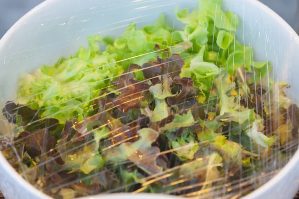 Verduras en un recipiente de vidrio en la envoltura de plástico . — Foto de Stock