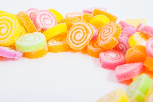 Jelly sweet, flavor fruit, candy dessert colorful on white paper — Stock Photo, Image