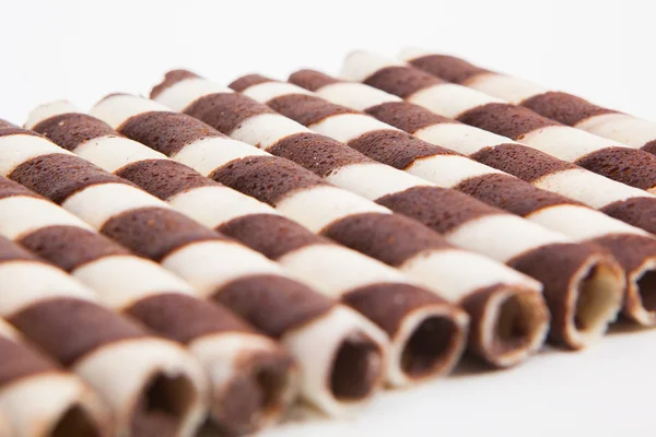 Chocolate waffle rolls with chocolate cream — Stok Foto