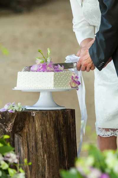 Close-up mid sectie van een newlywed snijden wedding cake. — Stockfoto