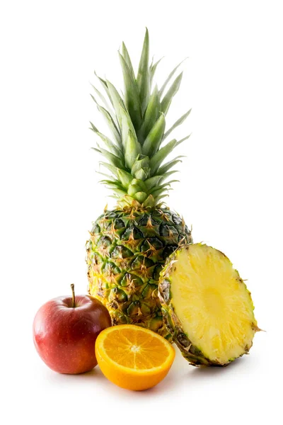 Ananas Fresco Mela Arancia Isolati Sfondo Bianco — Foto Stock