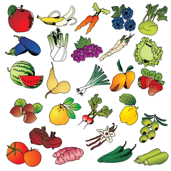 Freehand drawing fruits and vegetables icon set — Stock Vector