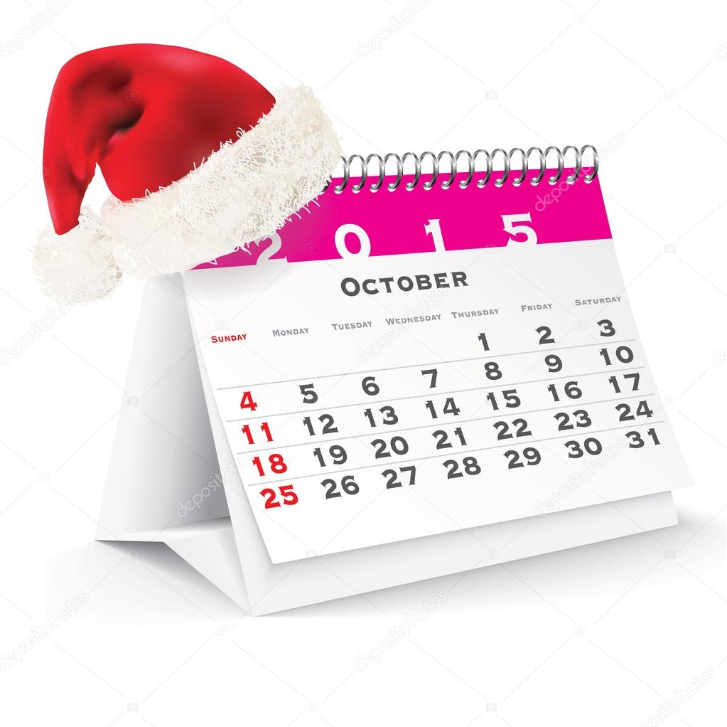 October 2015 desk calendar with Christmas hat