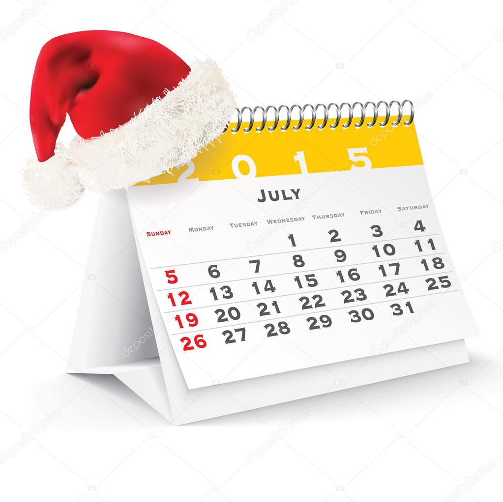 July 2015 desk calendar with Christmas hat